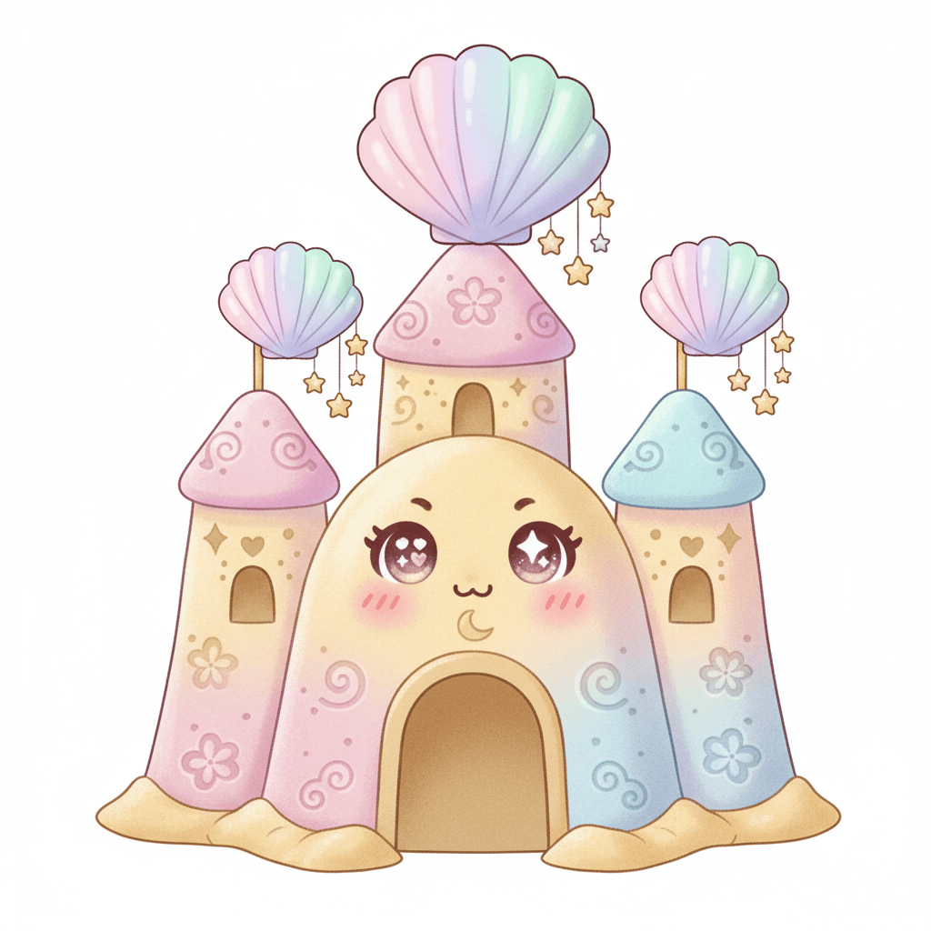 Sandcastle With Shell Flags - hard cartoon drawing idea for architecture