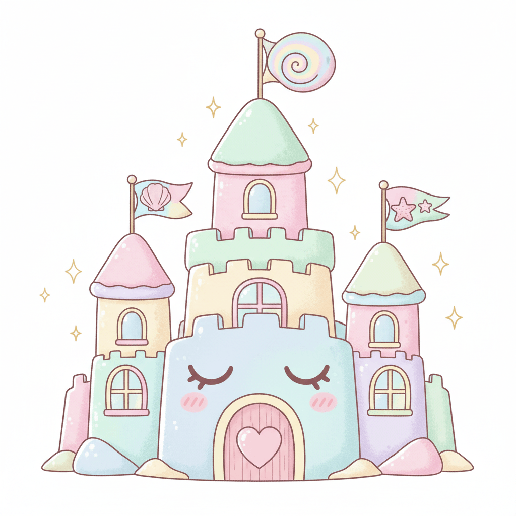 Sandcastle With Shell Flags - medium cartoon drawing idea for architecture