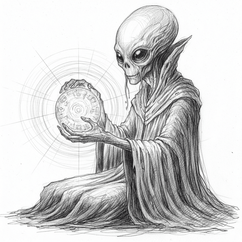 Alien Holding Glowing Orb - hard sketch drawing idea for fantasy