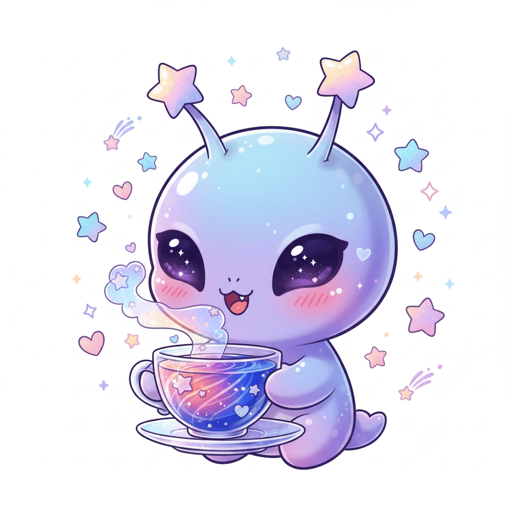 Alien Sipping Cosmic Tea - hard cartoon drawing idea for fantasy