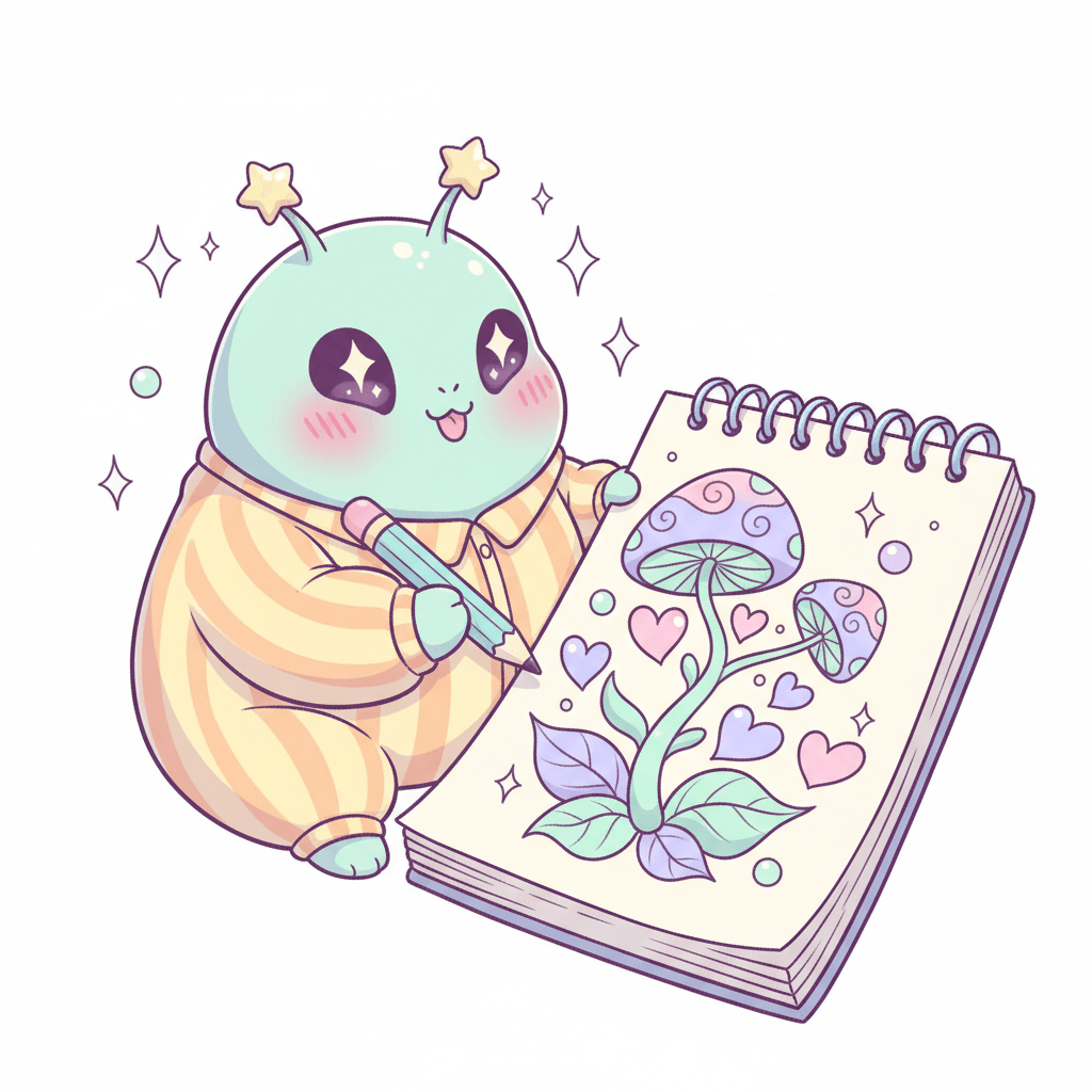 Alien Sketching Strange Flora - medium cartoon drawing idea for fantasy