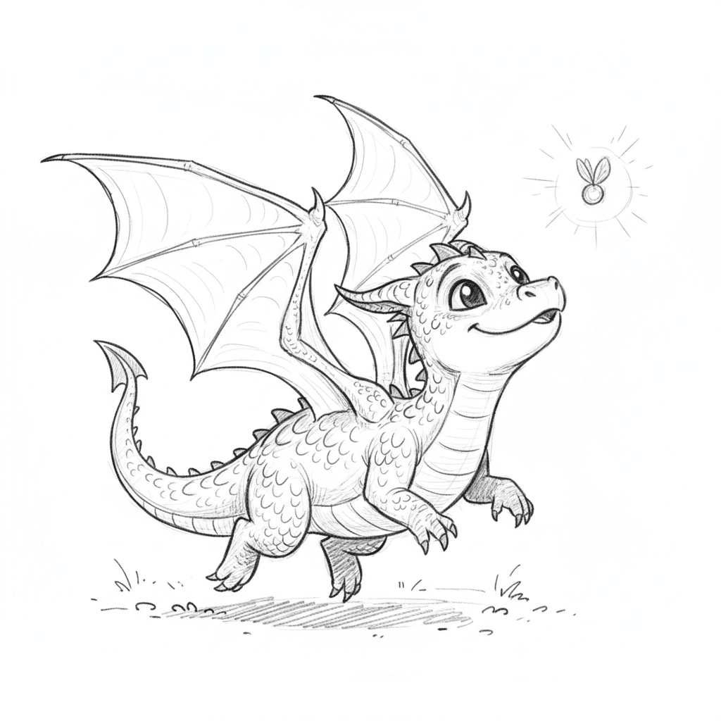 Baby Dragon Chasing A Firefly - medium sketch drawing idea for fantasy