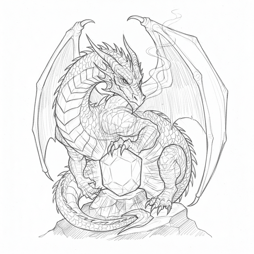 Dragon Guarding A Glowing Crystal - medium sketch drawing idea for fantasy