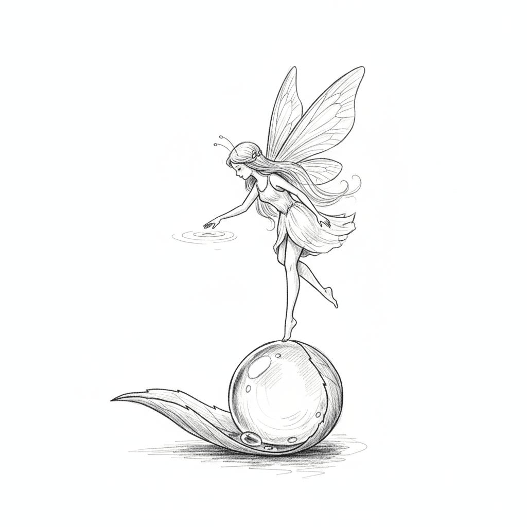 Fairy Perched On Dewdrop - medium sketch drawing idea for fantasy