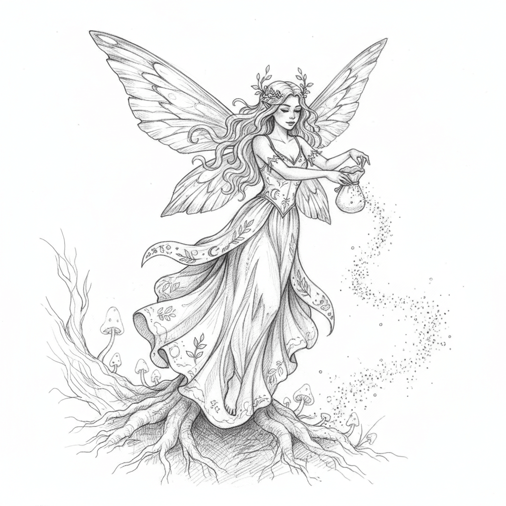Fairy Sprinkling Stardust - hard sketch drawing idea for fantasy