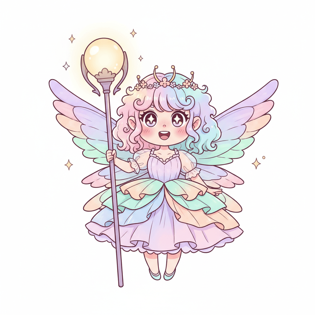 Fairy With A Glowing Lantern Staff - medium cartoon drawing idea for fantasy