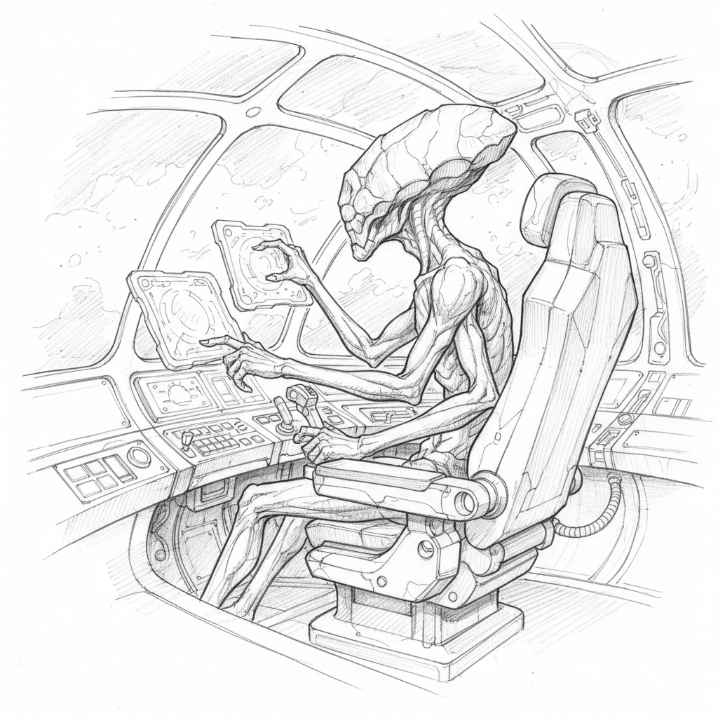 Four Armed Alien Piloting Spaceship - medium sketch drawing idea for fantasy