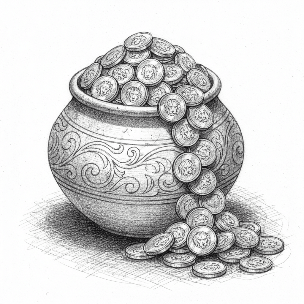 Pot Overflowing With Golden Coins - hard sketch drawing idea for fantasy