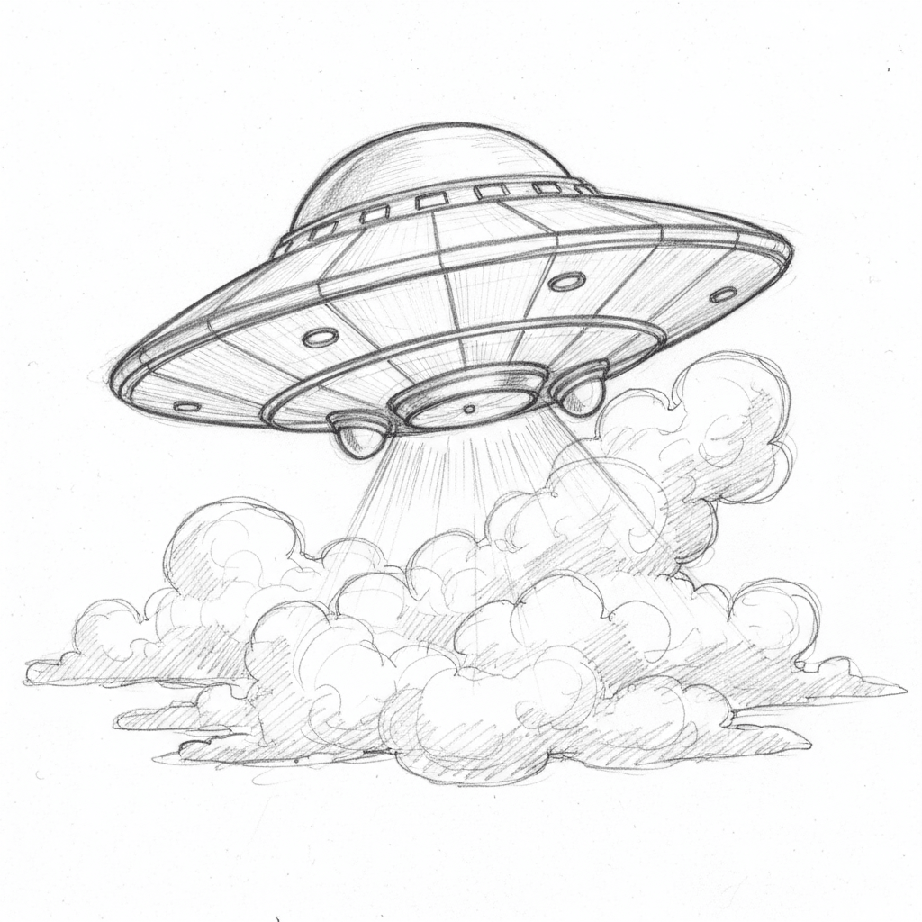 Ufo Peeking From Clouds - medium sketch drawing idea for fantasy