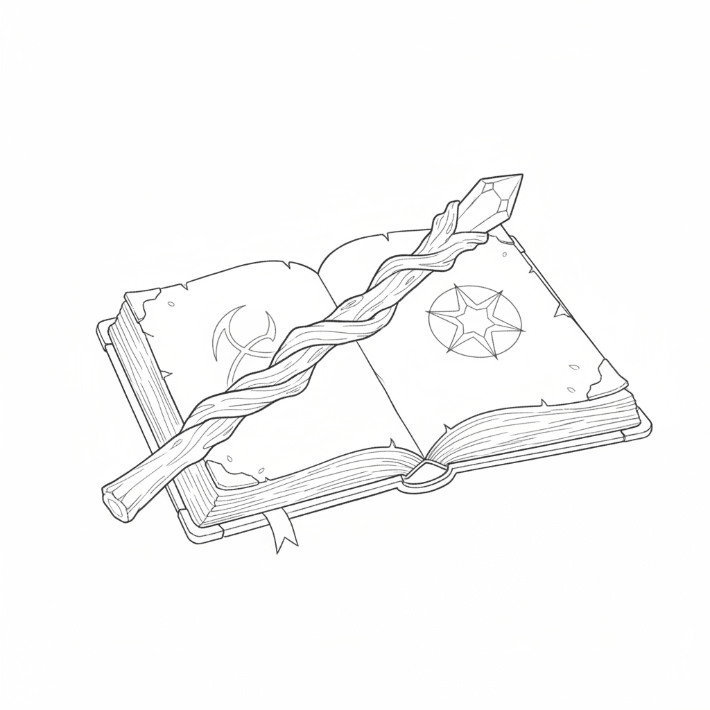 Wand Resting On Ancient Spellbook - easy sketch drawing idea for fantasy