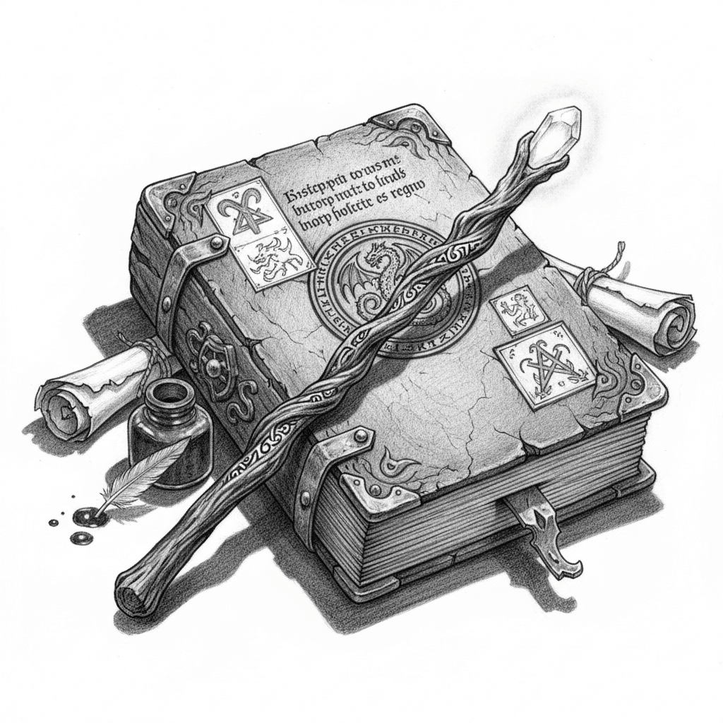 Wand Resting On Ancient Spellbook - hard sketch drawing idea for fantasy