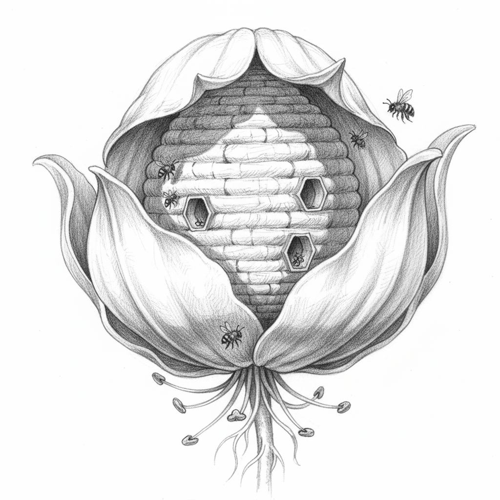 Beehive Nestled In Giant Flower - hard sketch drawing idea for nature