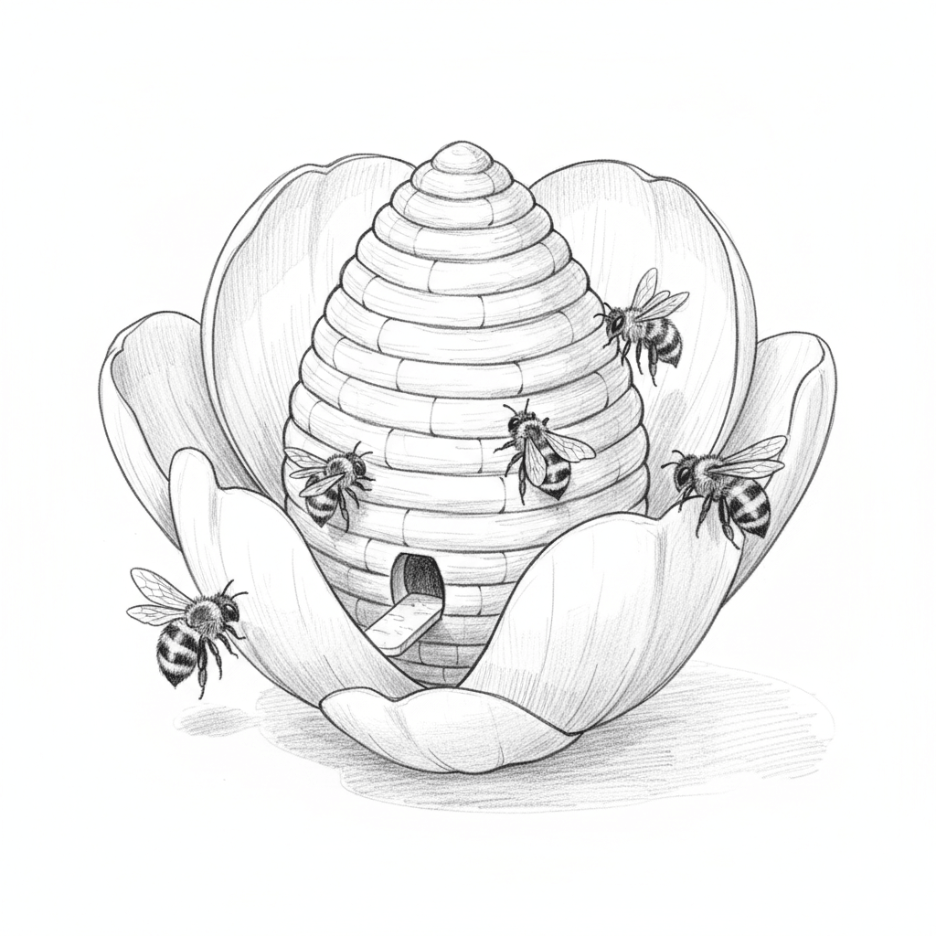 Beehive Nestled In Giant Flower - medium sketch drawing idea for nature