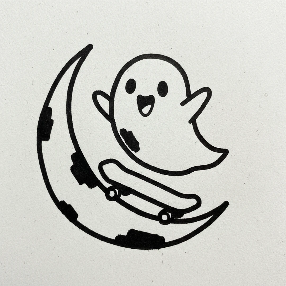 Ghost Skateboarding Moon - easy sketch drawing idea for fantasy
