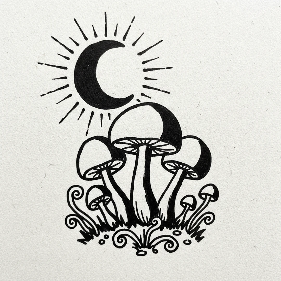 Moon and Mushrooms - easy sketch drawing idea